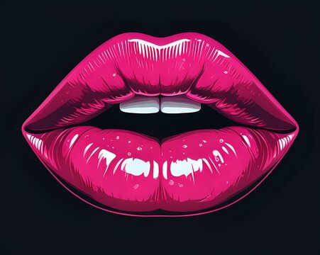 Glossy pink lips isolated clipart on black background.