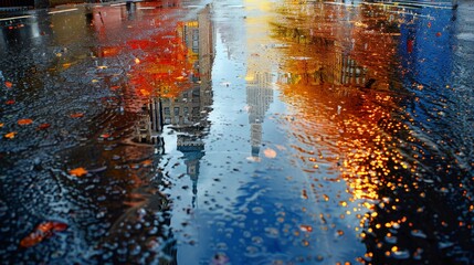 Capturing the contrast between nature and urban life through reflective scenes on a rainy day in the city
