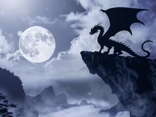 Fototapeta premium Dragon on the cliff with full moon background