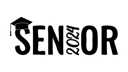 Senior 2024 lettering with graduation cap isolated on white. Congratulations to graduates typography poster. Vector template for greeting card, banner, sticker, etc.