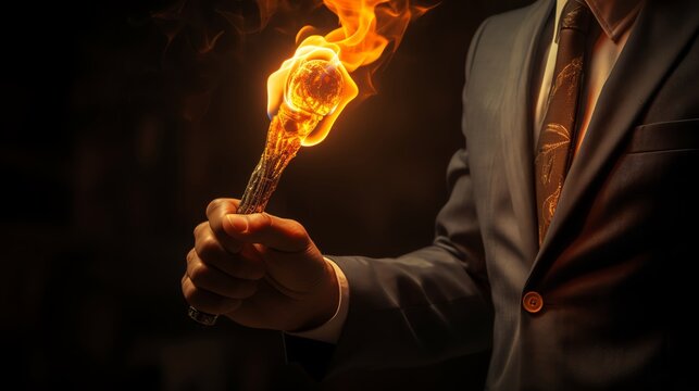 Conceptual image of a businessman holding a flaming torch, symbolizing leadership and innovation, isolated on a dark background