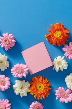 Blank pink card and flowers for Valentine's Day on a blue backgorund