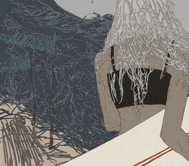 Woman with surfboard goes to the sea