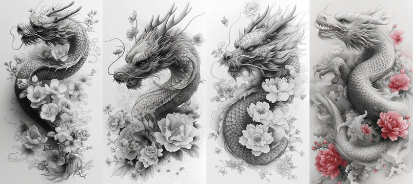 artful sketching illustration of oriental dragon with flower collection set clipart design, Generative Ai