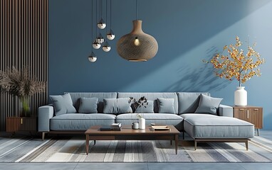 3d rendering of luxury modern living room interior design with blue wall and gray sofa