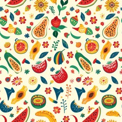 Colorful Pattern of Fruit and Flowers on White Background