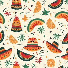 Mexican Hats and Oranges Pattern on White Background