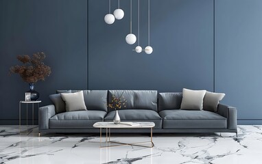 3d rendering of modern living room interior design with blue wall and gray sofa