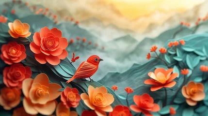 Foto auf Acrylglas happy cheerful springtime nature landscape flower blossoming with bird, paper cut craft sculpture artistic background illustration, Generative Ai © QuietWord