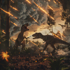 Dinosaur fleeing from flames in a global catastrophe. Concept Dinosaur Apocalypse, Flames of Destruction.