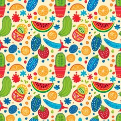 Vibrant Fruit and Vegetable Pattern on White Background