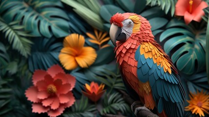 Fototapeta premium cute macaw bird in tropical jungle with hibiscus flower blossoming, paper cut craft sculpture artistic background illustration, Generative Ai
