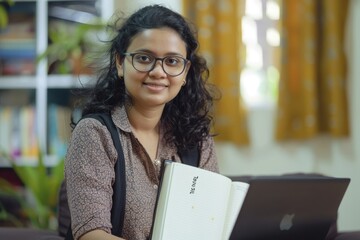 Portrait of a young Indian teacher sitting at home on the sofa at the table with a laptop and...