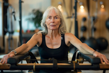 Focused Middle-Aged Woman Performing Reformer Exercises in Spacious Pilates Studio