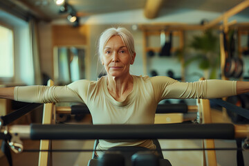 Focused Middle-Aged Woman Performing Reformer Exercises in Spacious Pilates Studio