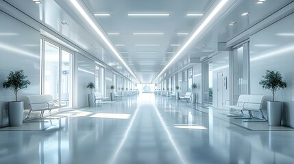Sleek and Serene Hospital Hallway with Seating. Concept Hospital Interior Design, Waiting Area Seating, Serene Hospital Decor