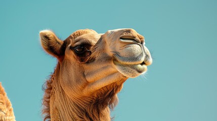 A close-up of a camel's face. The camel is looking to the right of the frame. It has a brown coat and a large hump on its back.