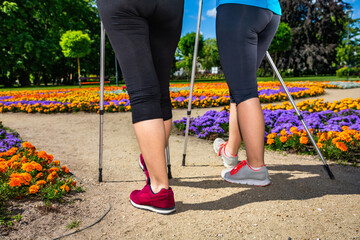 Nordic walking - two women exercising in city park
