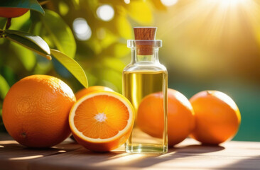 a small transparent glass bottle of orange oil on a wooden table, ripe oranges, eco-friendly medicinal solution, branches and orange orchards on the background, sunny day
