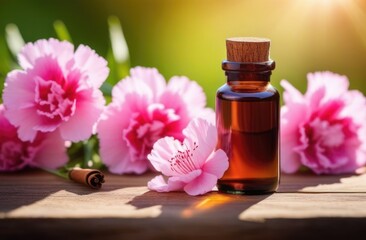 Obraz na płótnie Canvas small transparent glass bottle of carnation oil on a wooden table, fresh bouquet of pink carnation flowers, eco-friendly medicinal solution, natural background, sunny day