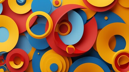 3D rendering of colorful overlapping circles and rings. The rings are red, blue, and yellow and they are arranged in a random pattern.