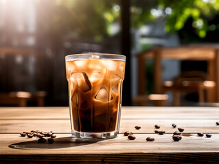 A glass of iced coffee with milk on wooden cafe table outdoors, blurred background with flowers