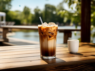 A glass of iced coffee with milk on wooden cafe table outdoors 