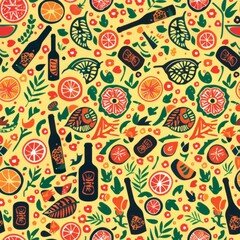 Yellow Background With Oranges and Wine Bottles