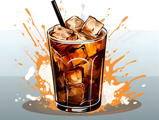 Illustration of black iced coffee in a glass on background 