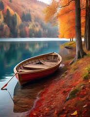 Boat on the lake in the autumnal forest