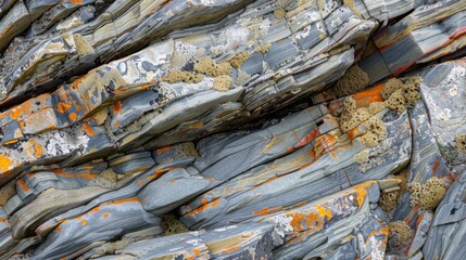 Vivid Orange Lichen on Layered Coastal Rocks Texture