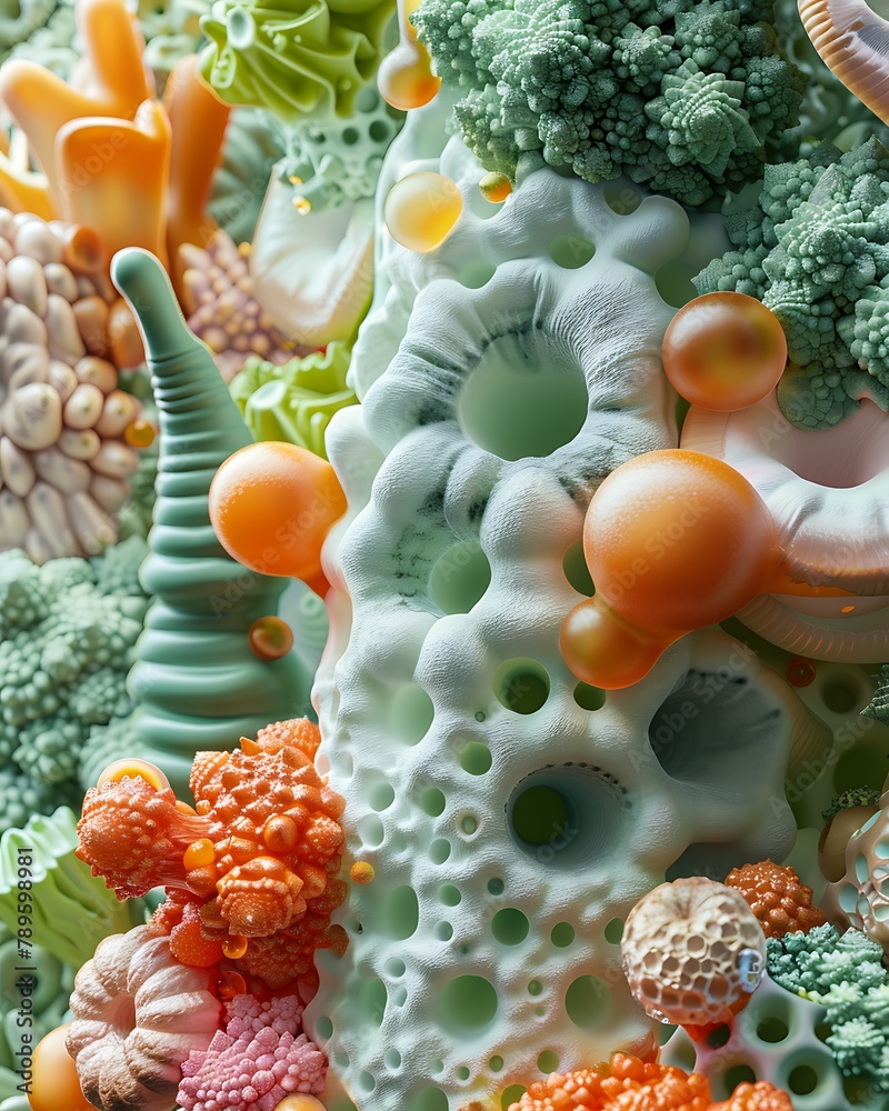 Fototapete abstract vibrant 3d rendering of conceptual microscopic organic structures in various colors and sha