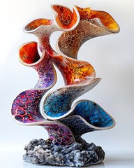 A vibrant, multicolored abstract sculpture with intricate patterns stands elegantly against a neutral background, evoking a sense of modern artistry and fluidity. 