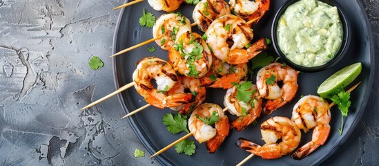 Grilled shrimp skewers with zesty lime marinade and accompanied by a creamy avocado cilantro garlic sauce. Displayed from a top view with copy space.