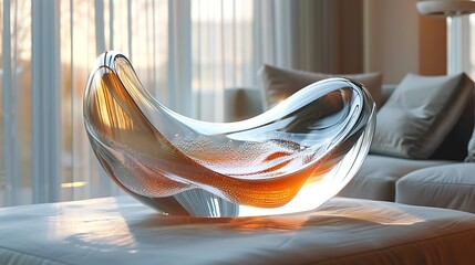 An abstract multi-colored glass object with a sleek design on a neutral background.