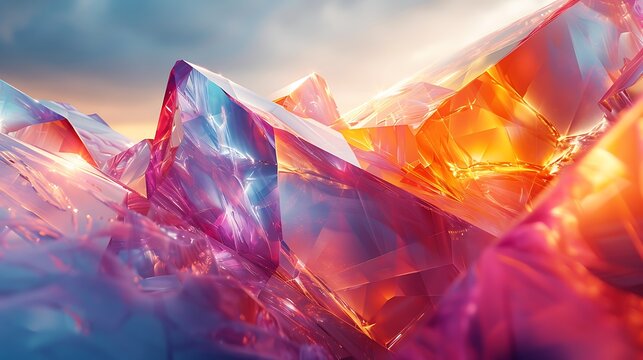A vibrant, digitally generated image of crystalline structures bathed in a colorful sunset light 
