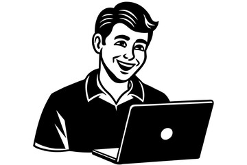 guy looking at laptop smiling and throughts Silhouette vector illustration white background 