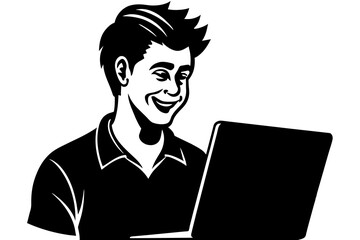guy looking at laptop smiling and throughts Silhouette vector illustration white background 