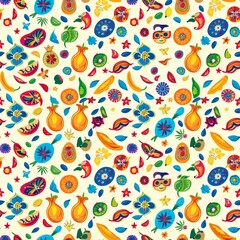 Colorful Pattern of Fruit and Flowers on White Background