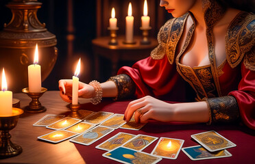 Tarot reader chooses Tarot cards. Fortune teller reads cards