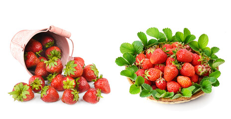 Ripe strawberry isolated on white. Collage. Wide photo. There is free space for text. - 789599504