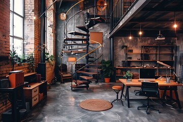 : Industrial loft office with a spiral staircase leading to a mezzanine level with additional workstations.