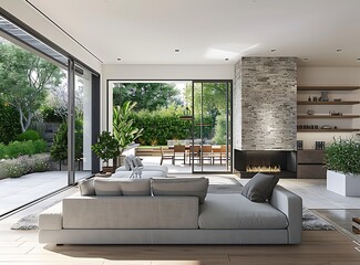 A beautiful living room in the middle of an open concept home with a fireplace