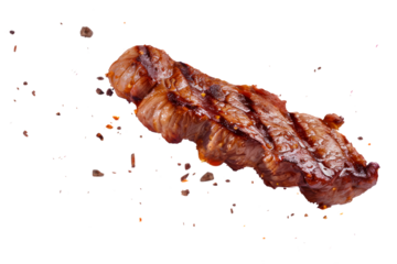 Pork steak with spices isolated on a white or transparent background. Grilled pork chops, beef steaks, grilled pieces of meat flying in the air. Barbecue meat graphic element.