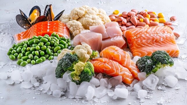 Fish, seafood and vegetables on ice.