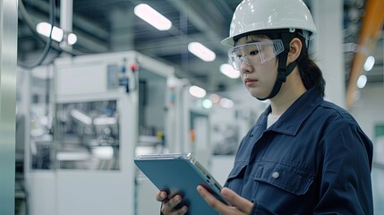 An Asian worker in a uniform and helmet using an iPad while standing at a production line of a modern CNC machine factory, with machines in the background.  - Powered by Adobe