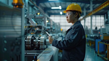 An Asian worker in a uniform and helmet using an iPad while standing at a production line of a modern CNC machine factory, with machines in the background. 