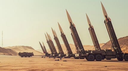 Arranged military misils ready tu launch in the desert