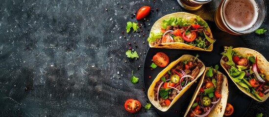 Beef tacos served with salad, tomato, and beer. Blank space. Top view.