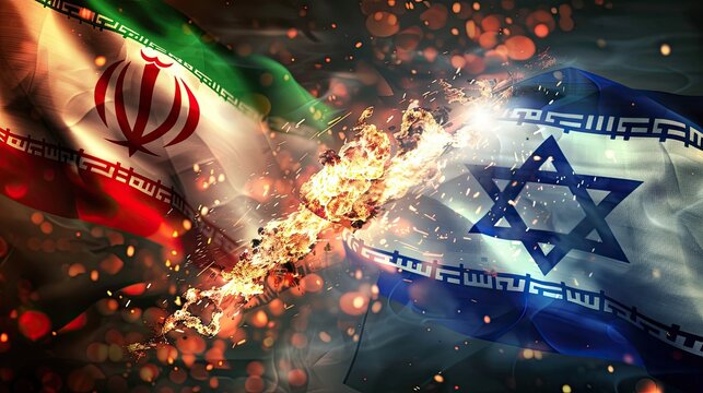 Israel flag and Iran flag hitting and exploding